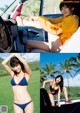 A woman in a bikini sitting in the back of a car.